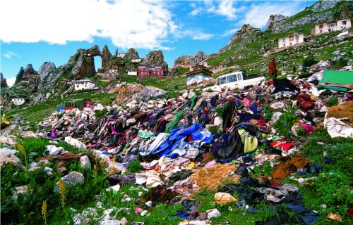 Discarded clothes surrounding the sky burial platform.