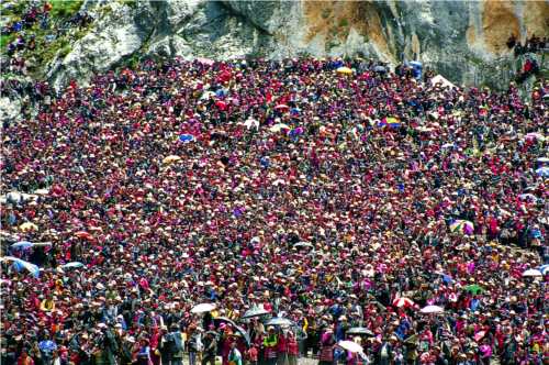 Pilgrims and believers participating in religious ceremony of the Chicken Year of the Tibetan calendar.